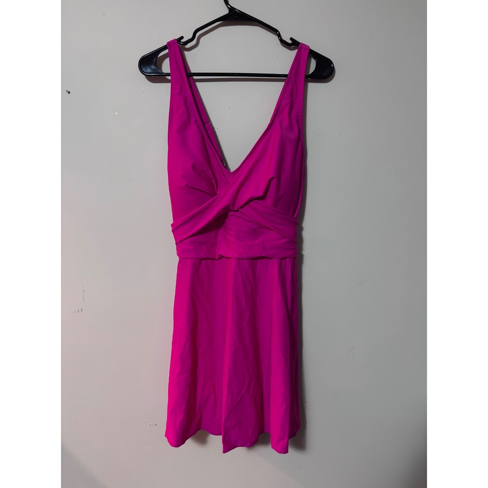 Yonique Hot Pink Crossover V-Neck Swim Dress Plus Size‎ 20W Neon Swimsuit NWT